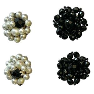 2 Pairs MCM Japan Clip-On Faux Pearl and Black & Faceted West Germany Earrings